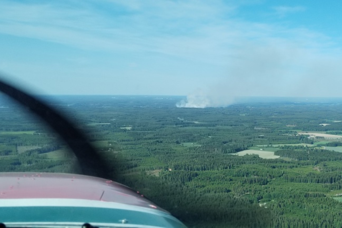 Näkymä ylhäältä lentokoneesta metsäiseen maastoon, josta nousee savua.