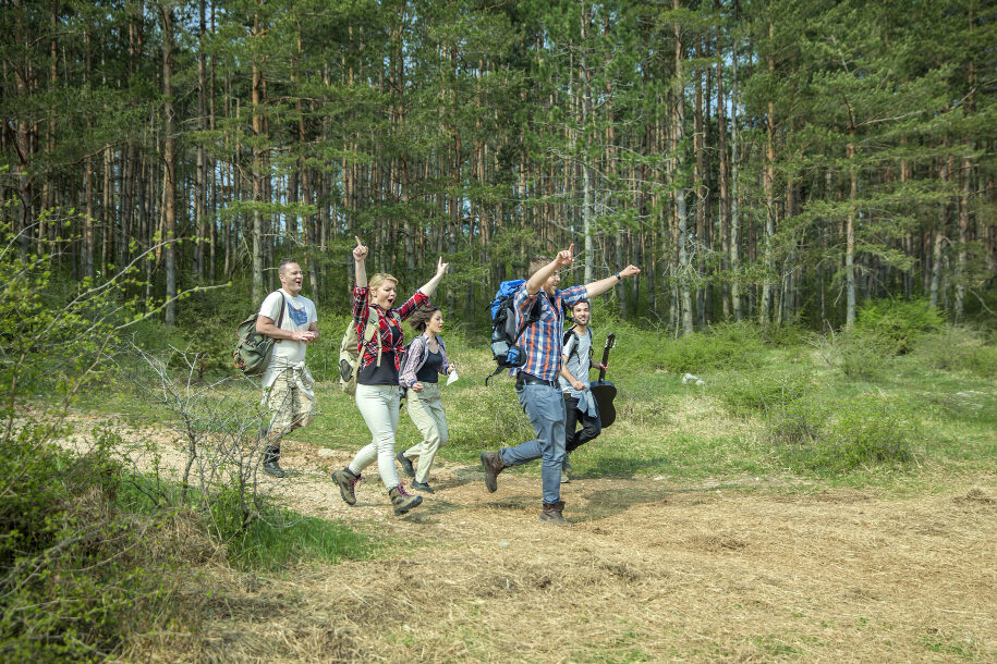 Viisi riehakkaalta näyttävää, kädet ylhäällä tuulettavaa reppuselkäistä nuorta astelee metsäaukealla. Yhdellä on kitara kädessä.