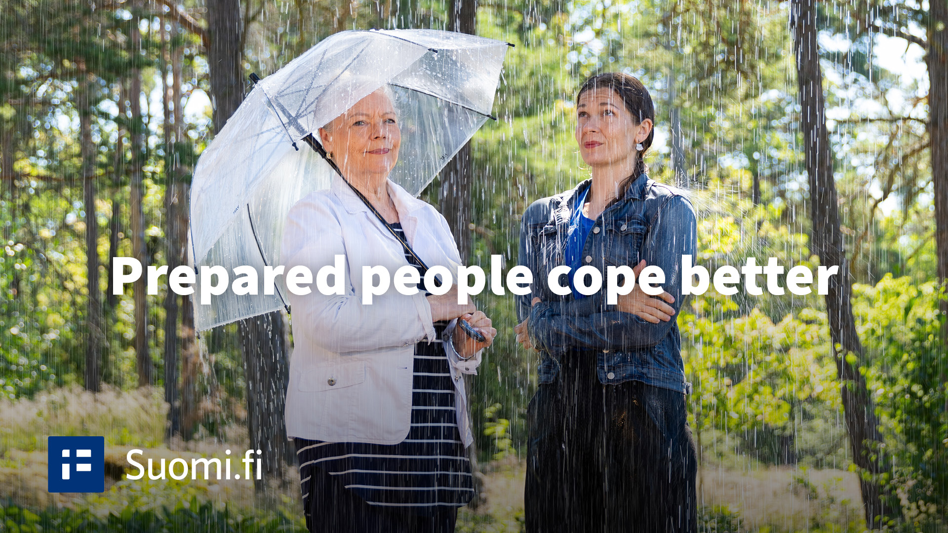 Two women in the rain. One of them is prepared with an umbrella, while the other one is not. Prepared people cope better.